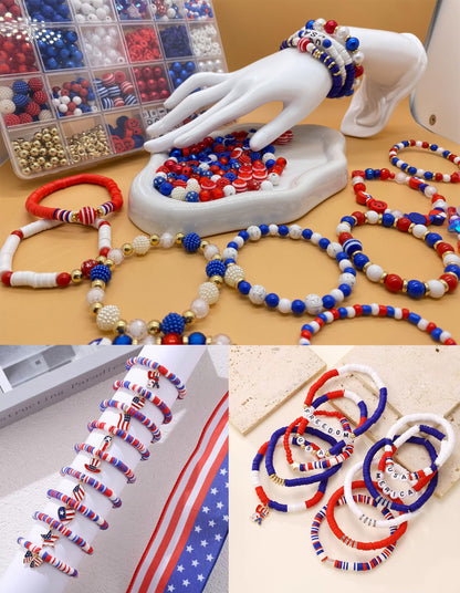 1461Pcs Red White Blue Beads for Bracelet Making Kit 4th of July Patriotic Beads for Jewelry Making Independence Day Clay Stars Acrylic Pearl Letter Bead with America Flag Heart Hat Pendant Charms
