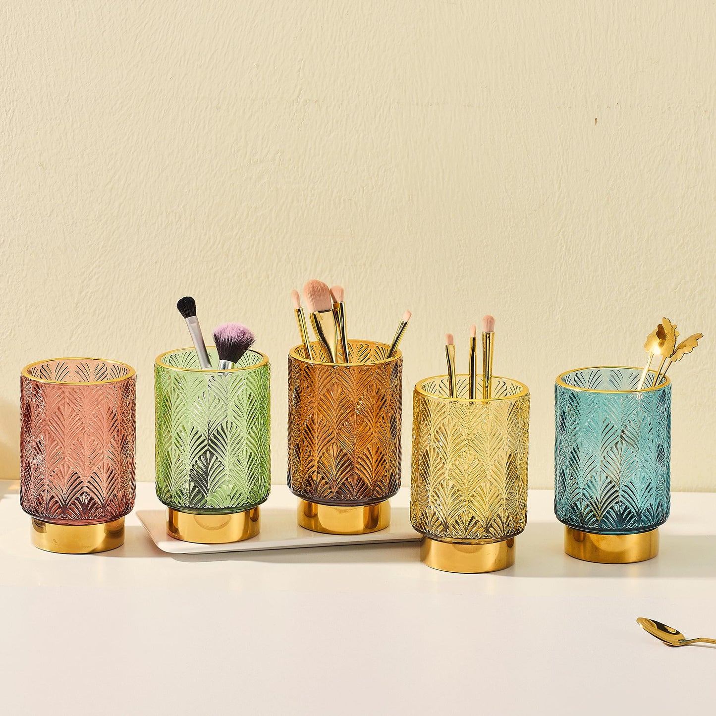 LEICURACE Makeup Brush Holder Organizer,Toothbrush Holders,Desk Pen Pencil Holder,Multifunctional Vintage Glass Brush Cup（A42-4-US）