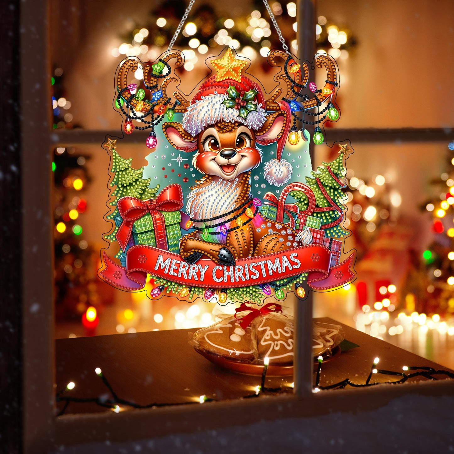 DIY Acrylic Diamond Art Painting Wreath Kits Special Shaped Rhinestone 5D Diamond Art Window Pendants Home Garden Wall Hanging Kits Hanging Ornament (Merry Christmas)