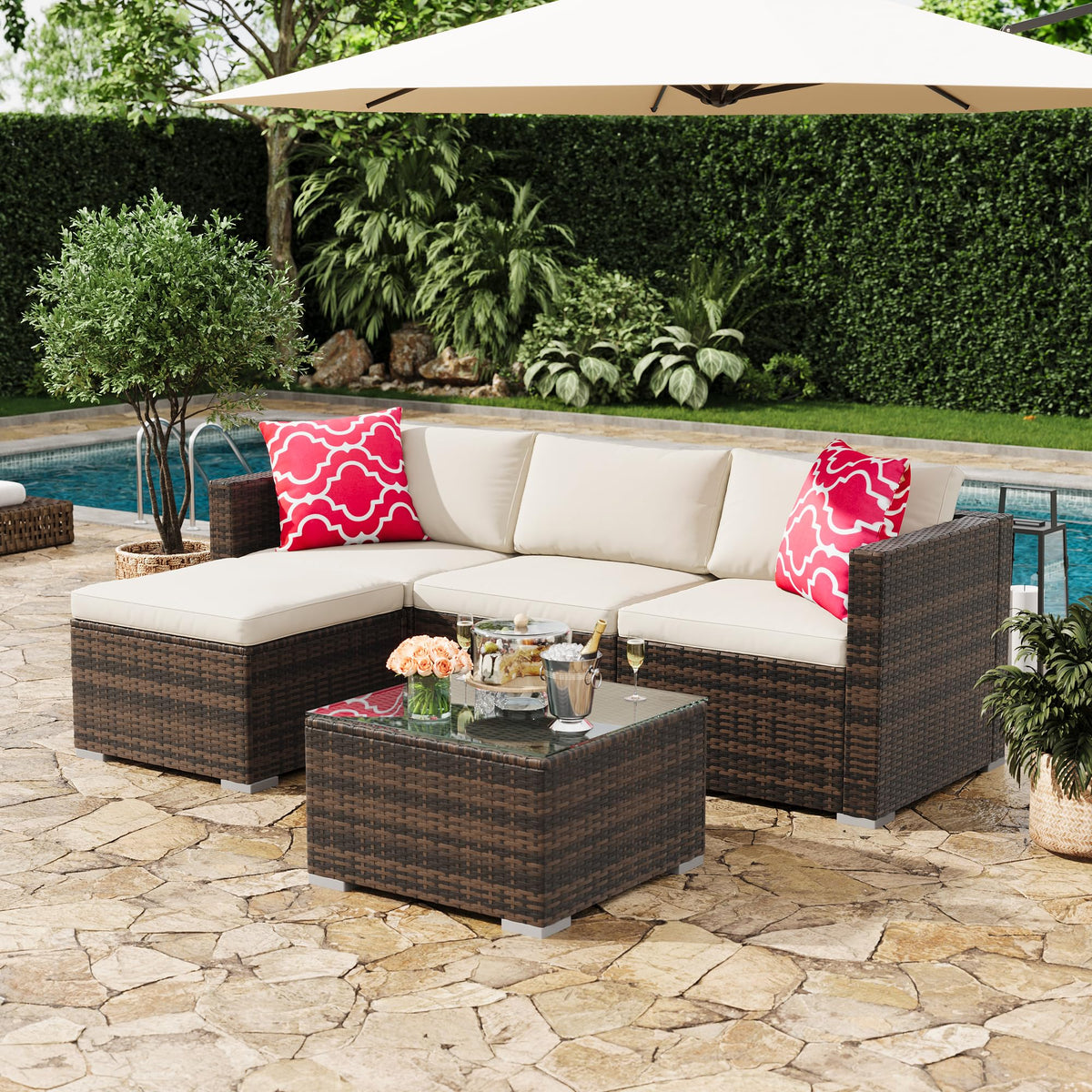 GAOMON 5-Piece All-Weather Patio Furniture Set, Convertible Outdoor Sectional Sofa with Ottoman & Tempered Glass Table, PE Rattan Conversation Set for Garden, Backyard, Porch, Poolside