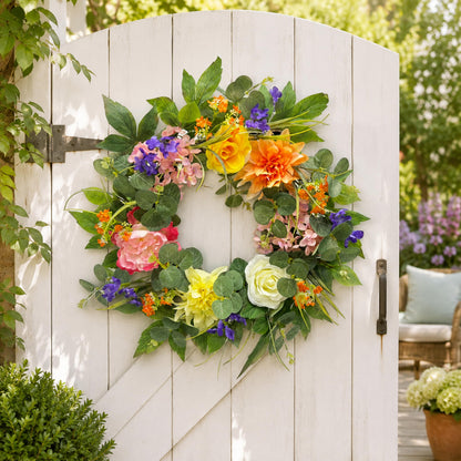 Svndlyn 22 Inch Lighted Spring Summer Floral Wreath with Faux Flowers