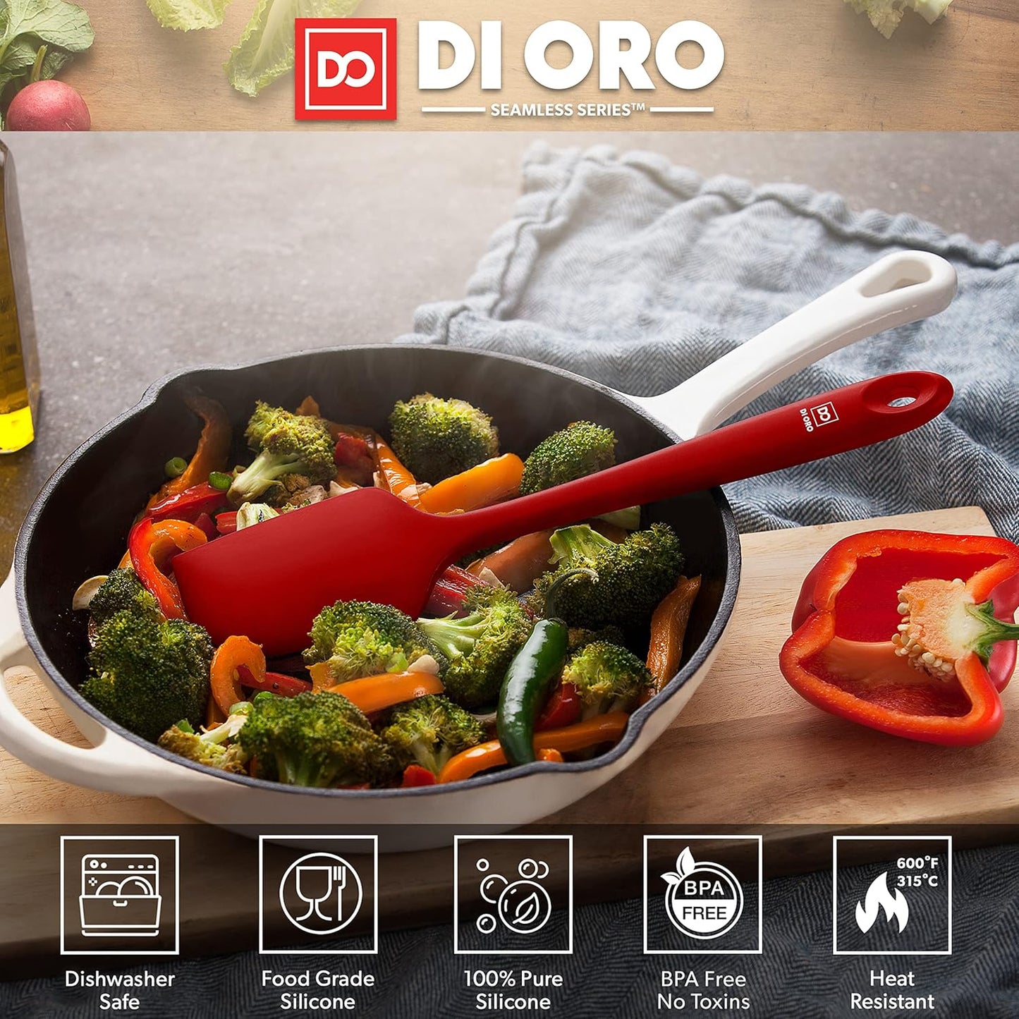 DI ORO Large Silicone Spatula, 600ºF Heat-Resistant, Seamless Design, Pro-Grade Non-Stick Silicone Rubber with