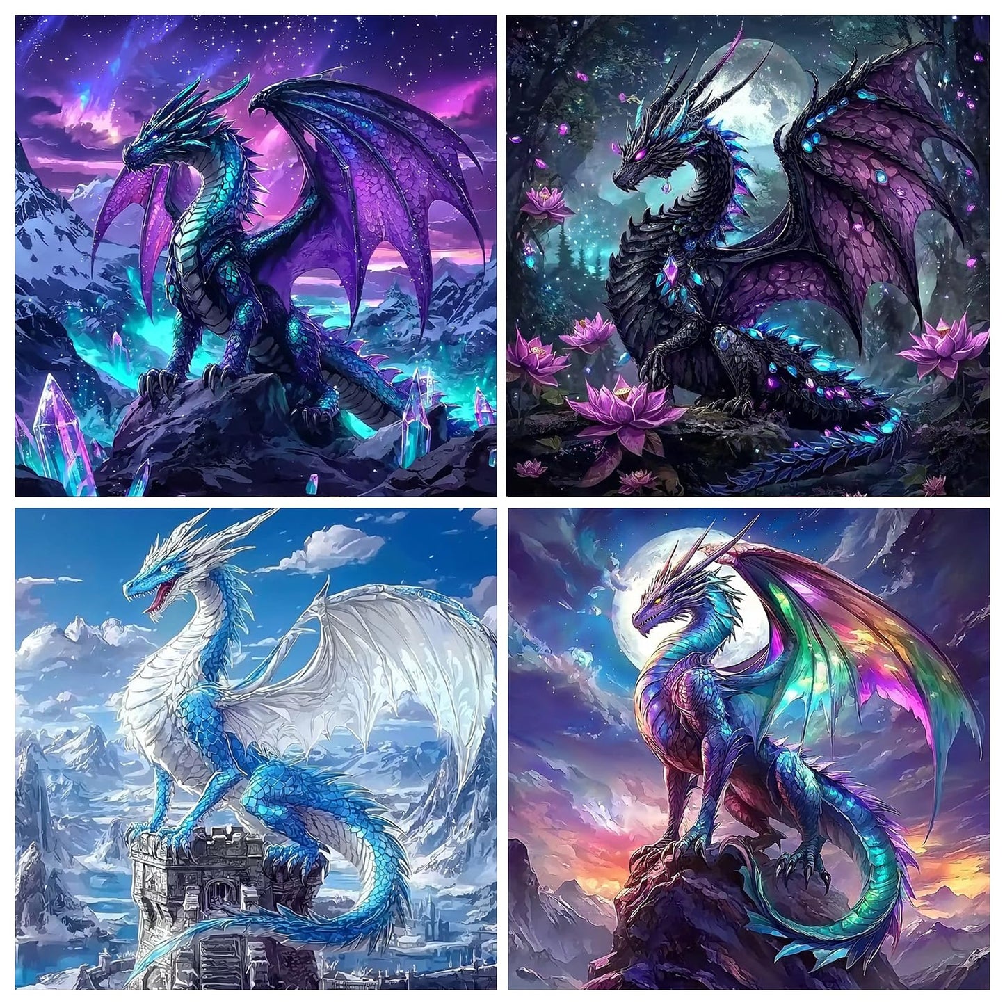 SENQAO Dragon Diamond Art Kits for Adults, DIY 5D Dragon Diamond Painting Kits for Beginners, 4 Pack Round Full Drill Diamond Dots Paintings, Diamonds Pictures Gem Art Crafts Home Decor 12x12inch