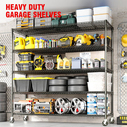 GAOMON 59" W Storage Shelves 82.6" H Heavy Duty Garage Shelving Units with Wheels, 5-Tiers Wire Shelving Rack Metal Storage Shelves for Garage Pantry Kitchen Commercial Industrial, 3300LBS Capacity