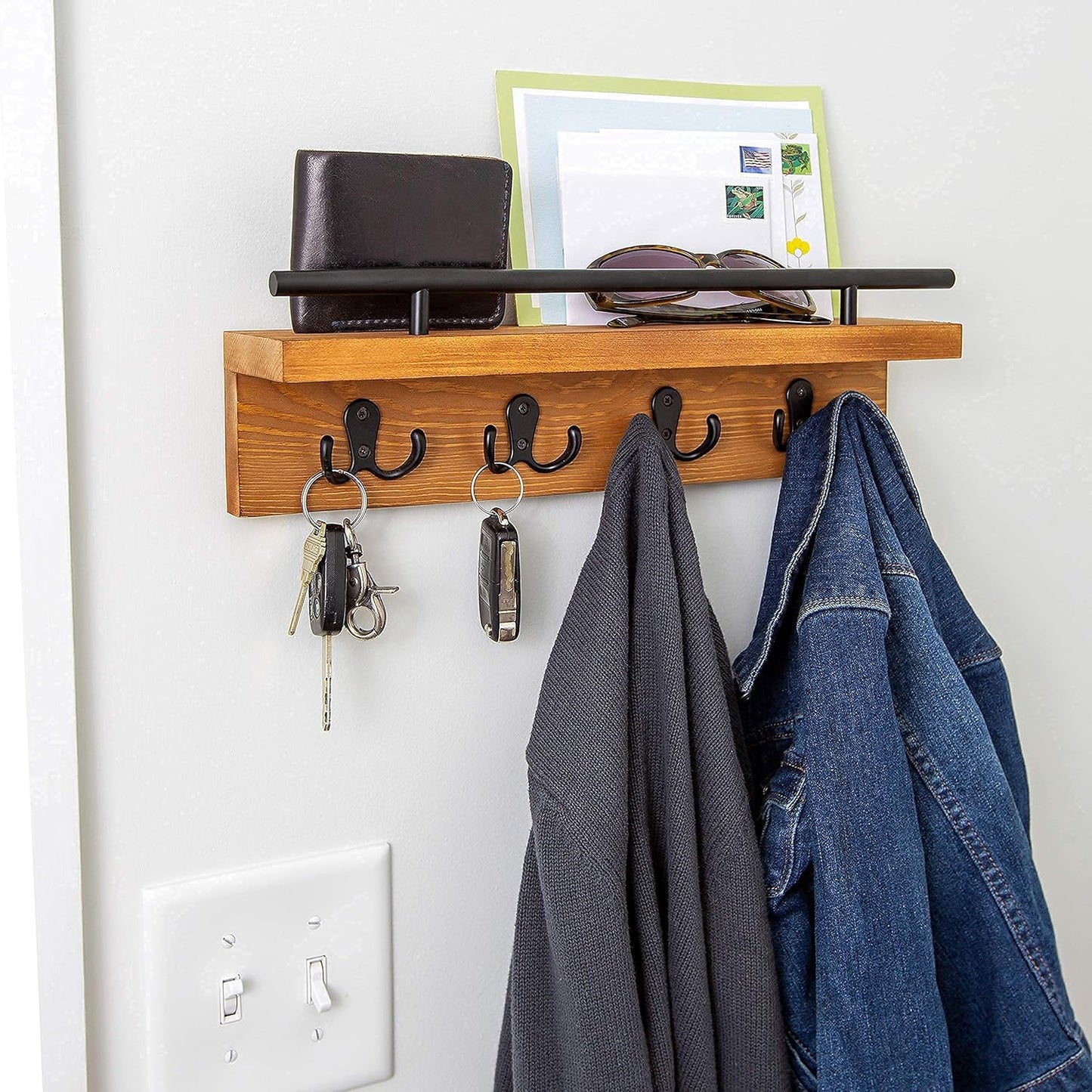 Mail and Key Holder for Wall, Decorative Wooden Shelf with Hooks, Wall Mounted Coat Rack (Light Brown)