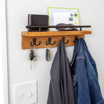 Mail and Key Holder for Wall, Decorative Wooden Shelf with Hooks, Wall Mounted Coat Rack (Light Brown)