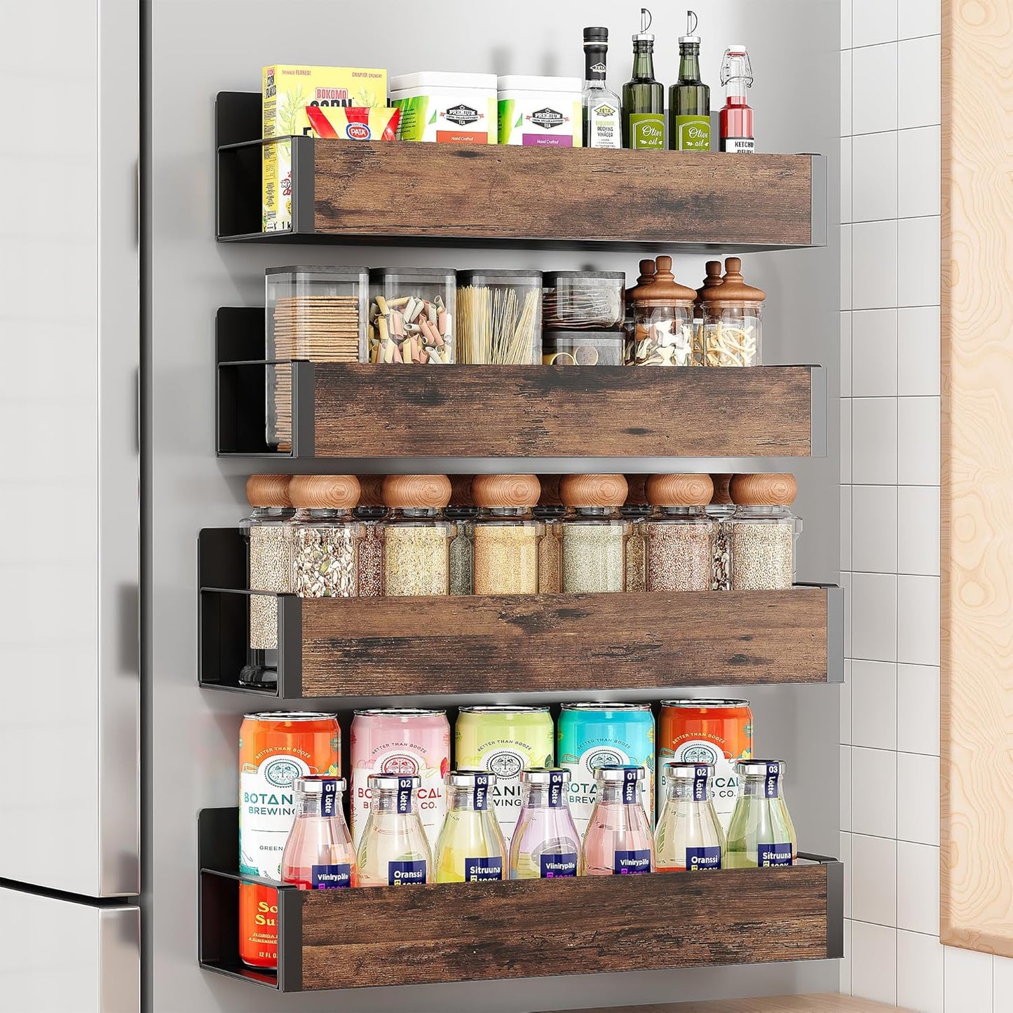 2/3/4 Pack Vetacsion Moveable Fridge Magnetic Spice Racks,Metal Black/White (Wood)