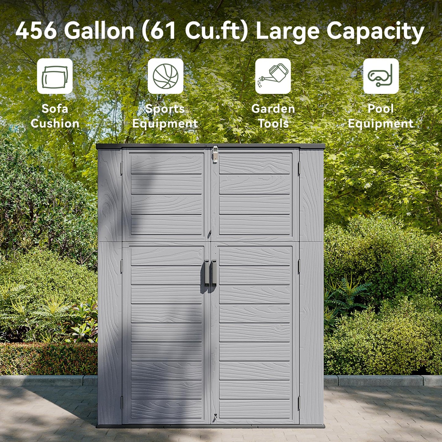 AOXUN Horizontal Storage Sheds 61 Cu.ft, HDPE Outdoor Storage Box 160 Gallon, Waterproof Lockable Resin Deck Box with Spring-Assisted Lid, Patio Storage for Garden, Pool, Cushions, Tools, Grey