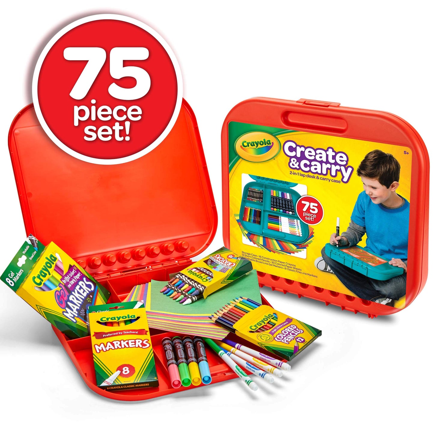 Crayola Create 'N Carry Travel Art Set for Kids (75pcs), 2-in-1 Lap Desk & Carrying Case, Essential Art Supplies Kit, Spring Crafting, Gift for Kids