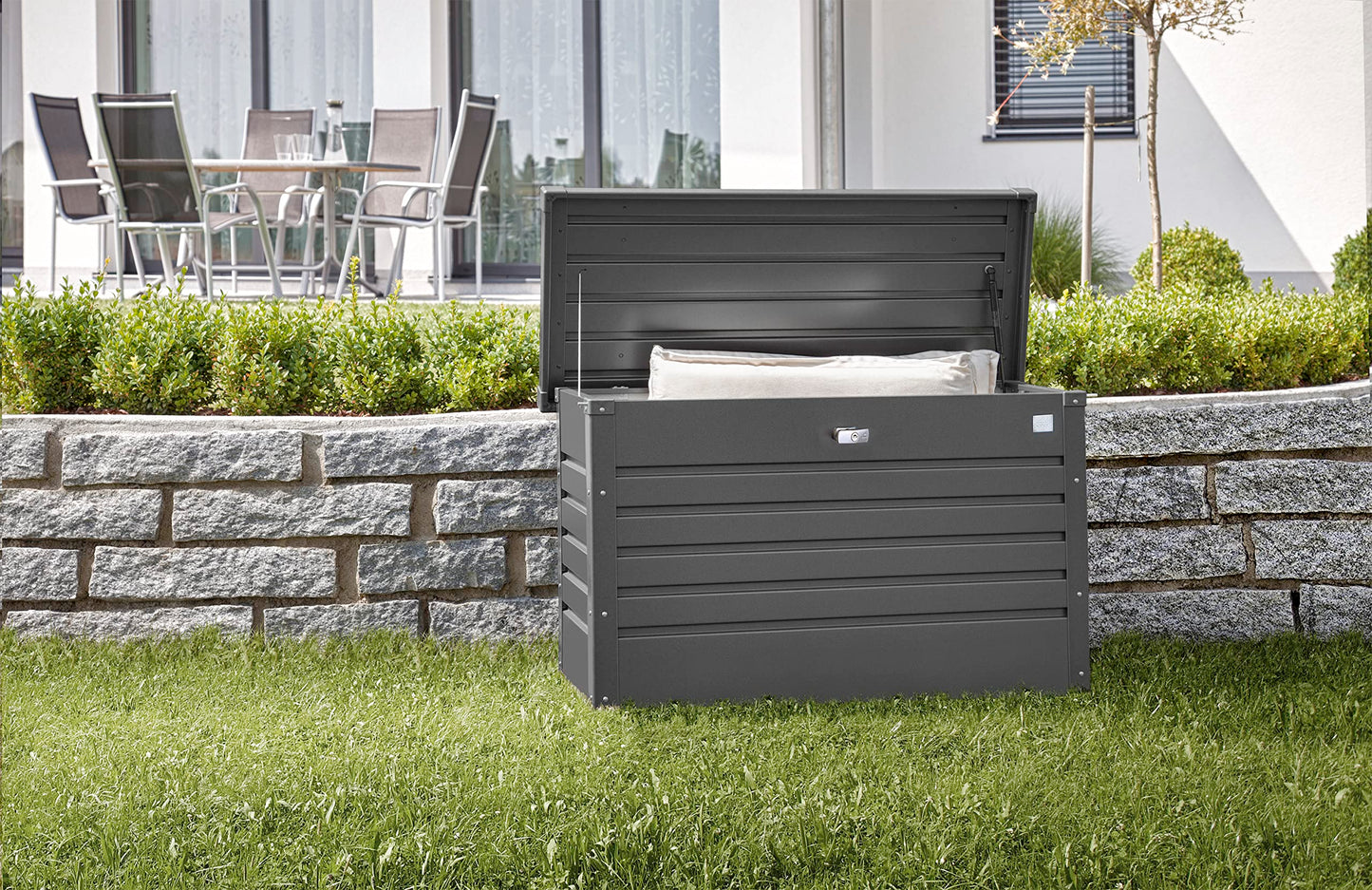 Biohort LeisureTime Metallic Dark Gray Deck Box - 51 Gallon Metal Outdoor Storage, Locking, Waterproof, for Tools, Cushions, Pool & Package Chest, Soft Close Size: 18in x 40in x 25in