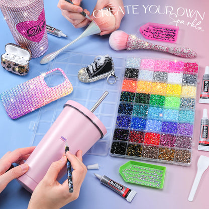 Lotwow 50000Pcs Bedazzling Kit with Rhinestones 3mm, 40 Colors Bedazzler Kit Resin Rhinestones Nail Gems & Glitter Gem Art Supplies, Diamond Art Kits Accessories with Pickup Pen, 4pcs 10ml B7000 Glue