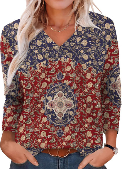 XIEERDUO Long Sleeve Shirts for Women V Neck Fall Tops Basic Tunic Tops Loose Fit Dressy 2025