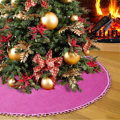 SevenFish Christmas Tree Skirt, 48 inches Large Tree Skirt Soft Double Layer Burlap Tree Skirt with Pom Pom for 6ft 8ft Christmas Tree Holiday Party Decorations, Rose Pink