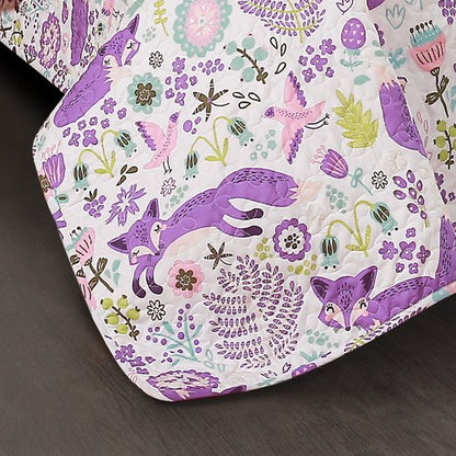 Lush Decor Pixie Fox Reversible Quilt Set, 3 Piece Set, Twin, Purple & Pink - Fun Lightweight Twin Bedding for Kids - Girls Pink Bedroom Decor