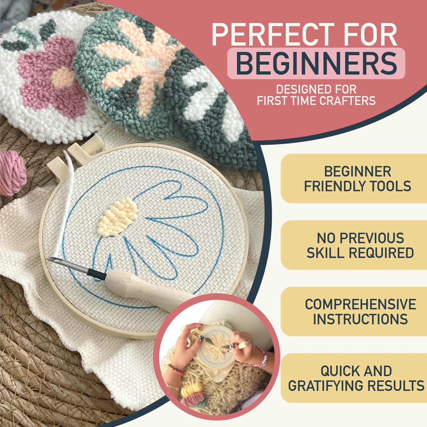 Emri Lane Punch Needle Kit – 6 Floral Design Punch Needle Embroidery Kit w/Monk Cloth, Embroidery Hoop, Yarn & More - Essential Punch Needle Supplies for Crafters - Ideal Punch Art for Beginners