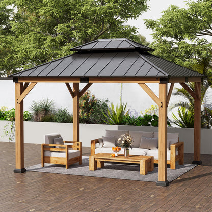 Jocoevol 10' X 12' Wood Gazebo Hardtop Outdoor Permanent Pavilion with Double Galvanized Steel Roof Snow Support, Wind Resistance for Backyard Garden, Lawns, Patio