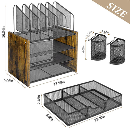 DAOUTIME 4-Tier Mesh Desk Organizer, Wooden Desk File Organizer with 5 Vertical File Holders and 2 Pen Holders, Desktop Organizers and Accessories with Drawer for Home Office