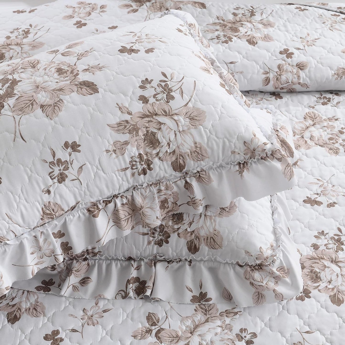 1 2 68x86 inches HORIMOTE HOME Khaki Ruffled Quilt Twin Size with Pillow Sham, Shabby Chic Floral Printed Reversible