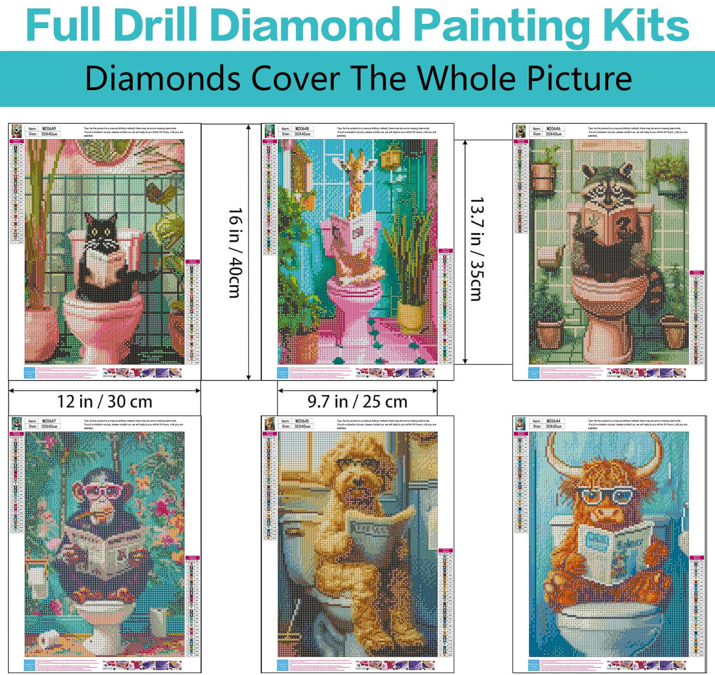 Axquilon Diamond Art Kits for Adults - 6 Pack Funny Animals Diamond Painting Kits for Adults, 5D Round Full Drill Gem Art, Paint by Diamonds Pictures DIY Crafts Kits 12x16 inch