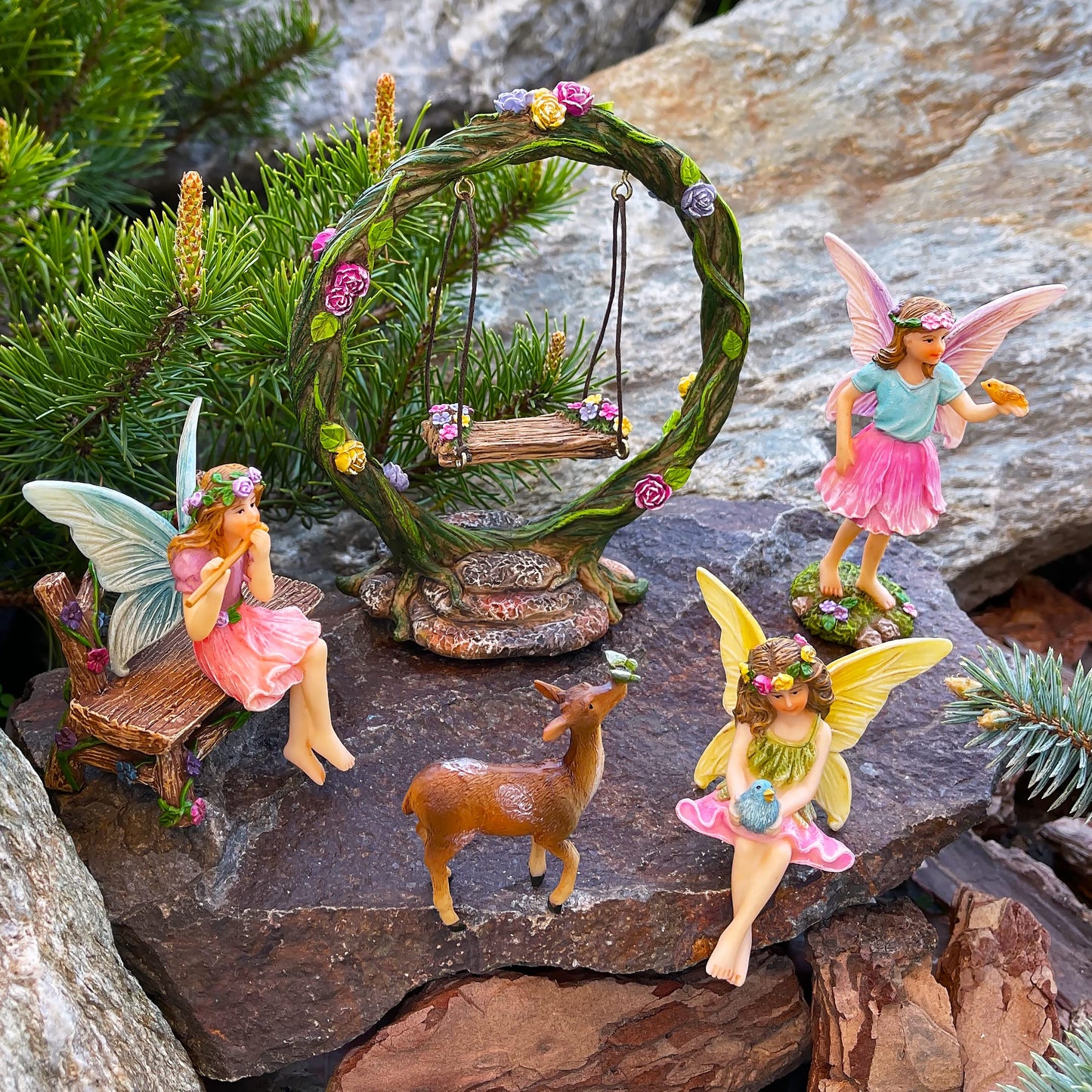 Mood Lab Fairy Garden Figurines with Swing - Miniature Decor Set (6 pcs) - Statues & Accessories - Outdoor & Indoor Garden Decor