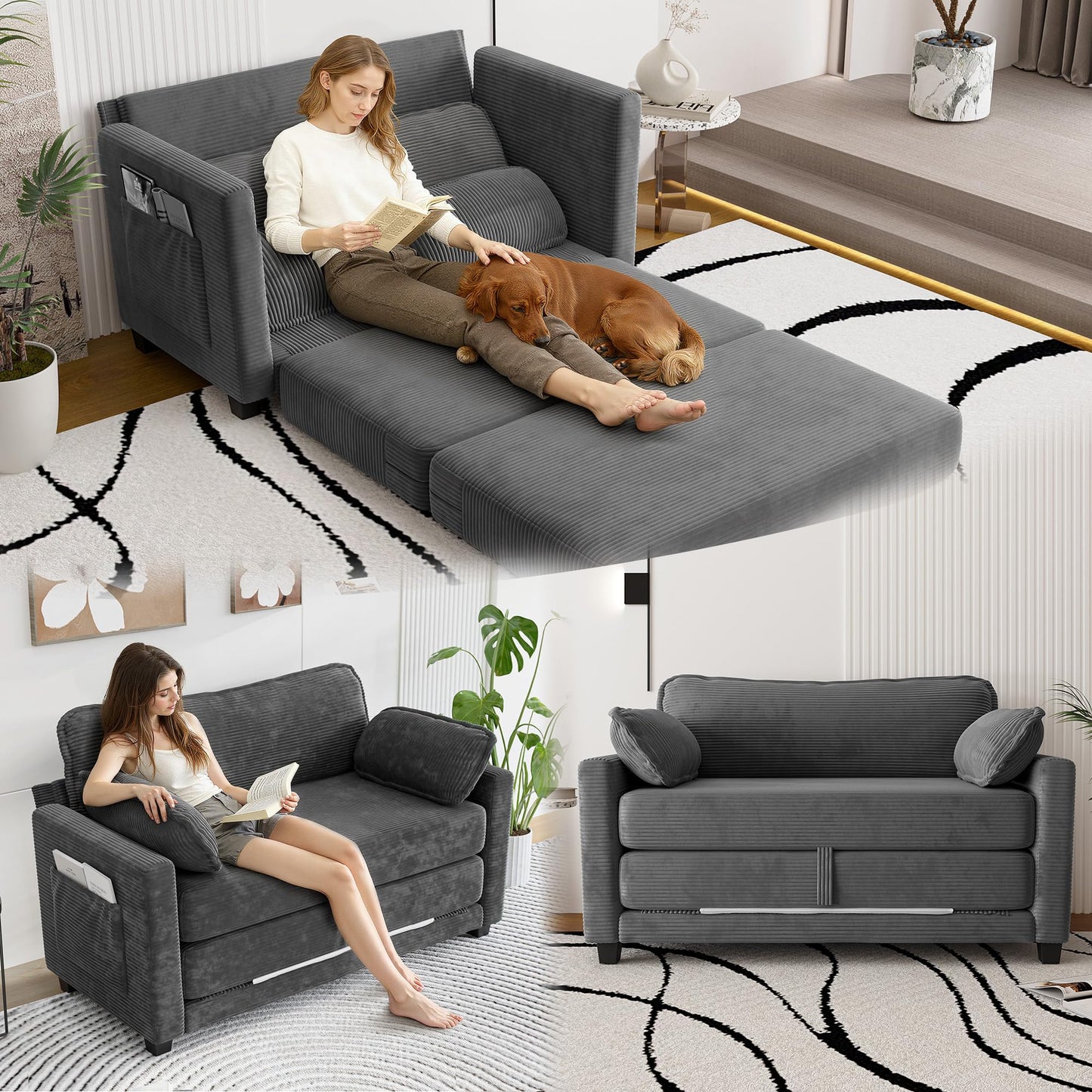 KEIKI Convertible Sofa Bed, 2 in 1 Corduroy Loveseat Folding Couch Bed with Storage, Chaise Lounge Chair & Floor Futon Sleeper Love Seating for Small Apartment Guest Living Room, Easy Assembly, Grey