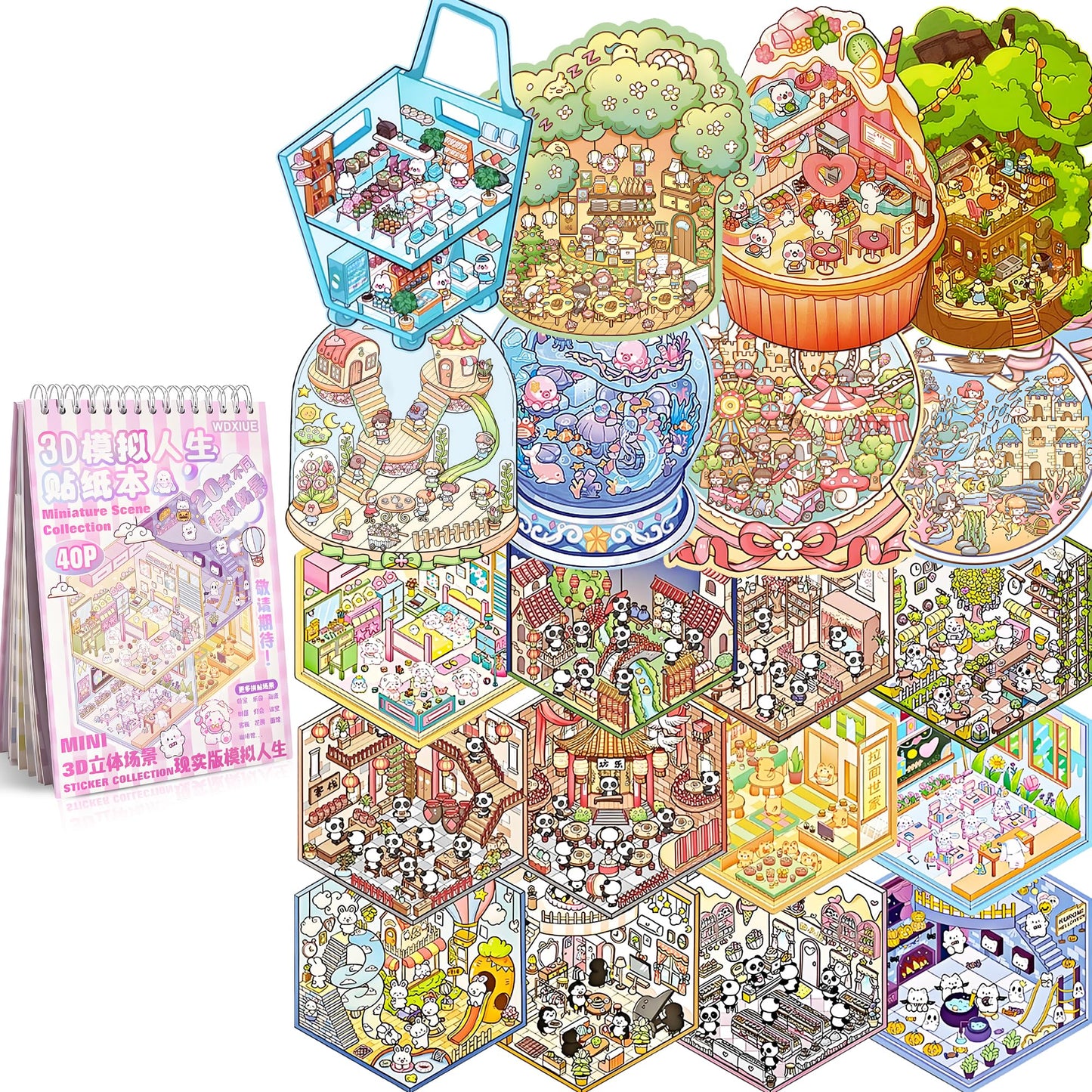 WDXIUE Scene Sticker – 20 Sets DIY 3D Sticker Scene Book Cute Cartoon Stickers Kit – Fun Sticker Therapy Activity for Stress Relief, Crafts & Gifts