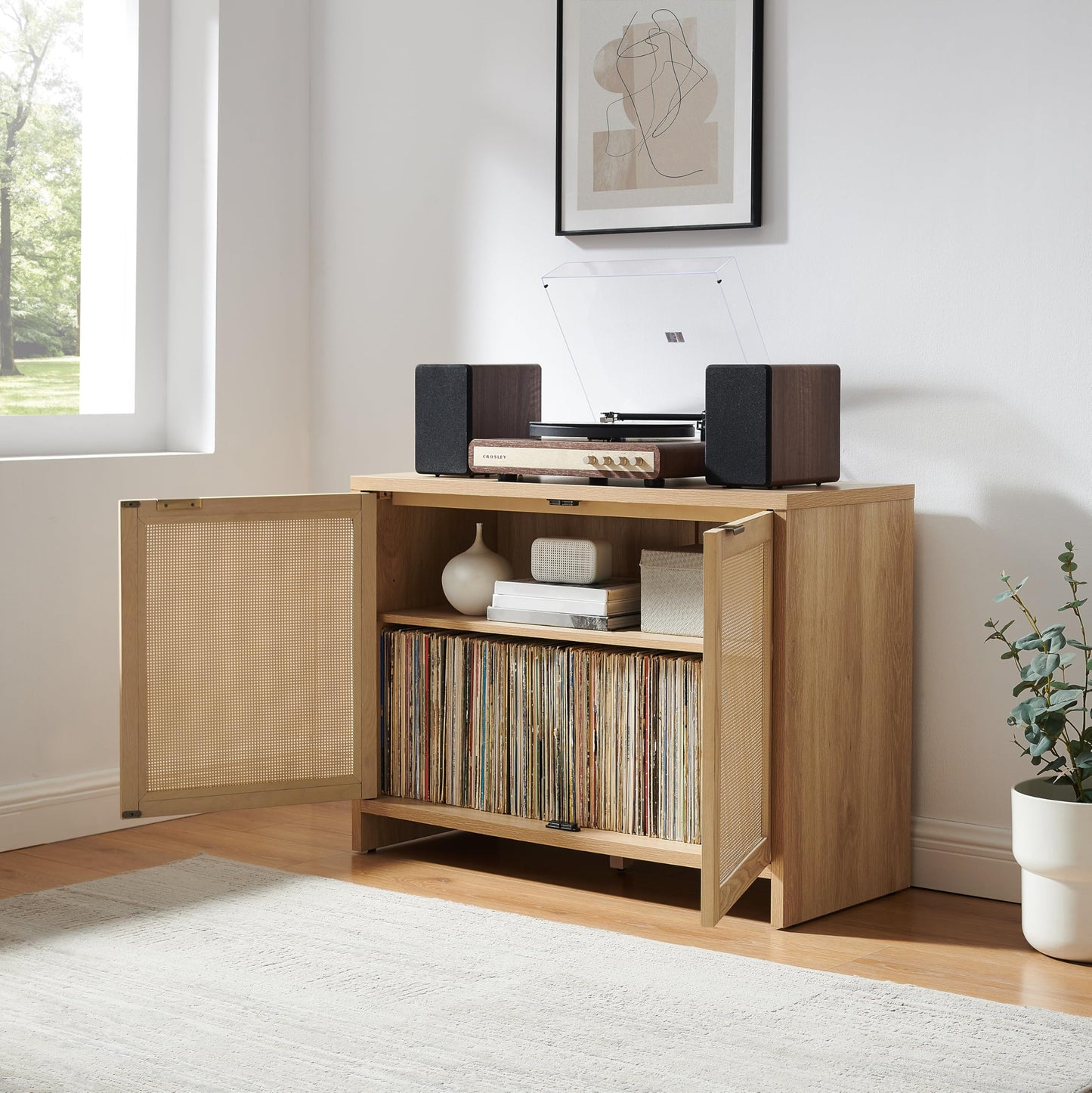 Crosley Furniture Kenji Record Player Cabinet with Vinyl Storage, Media Stand, Modern Home Organizer, Ash