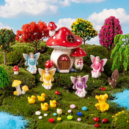 Poen 70 Pcs Fairy Garden Accessories Mini Garden Kit Miniature Fairy Figurines Landscape Decor with Mini Bridge Pond Mountain House Figurines Swan Ladybug Butterfly Figures Bulk for Dollhouse Craft