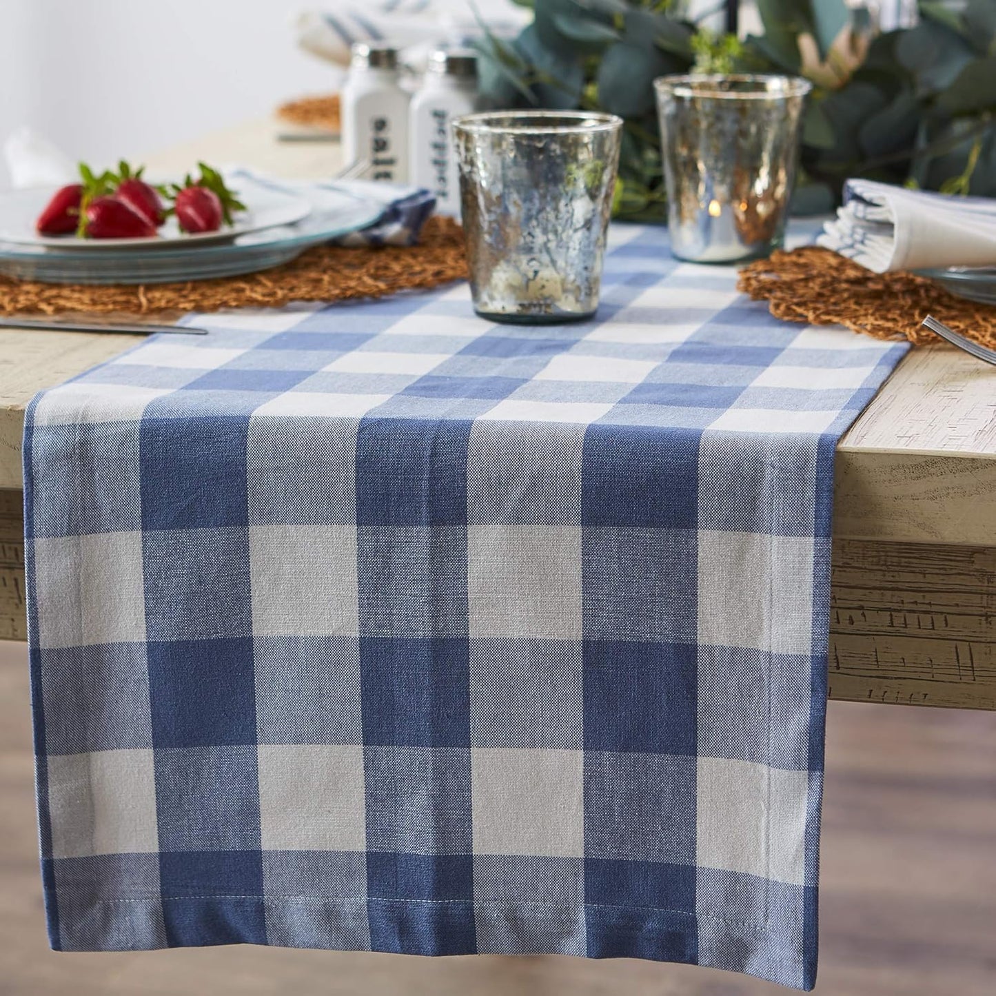 DII Buffalo Check Collection Classic Farmhouse Table Runner, 14x108, Stonewash Blue