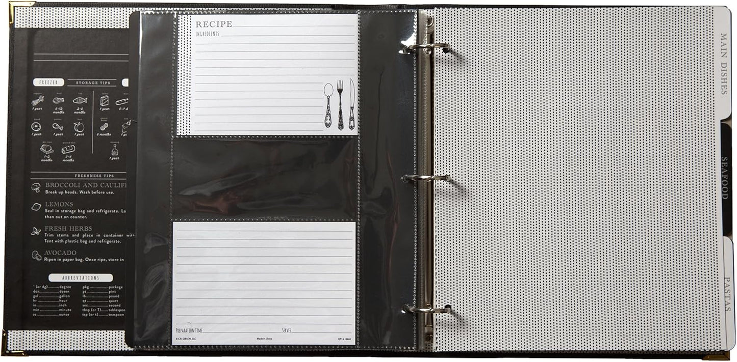 C.R. Gibson Black and Gold Faux Leather Recipe Book with Tabbed Dividers and Sheet Protectors, 11'' W x 11.88'' H