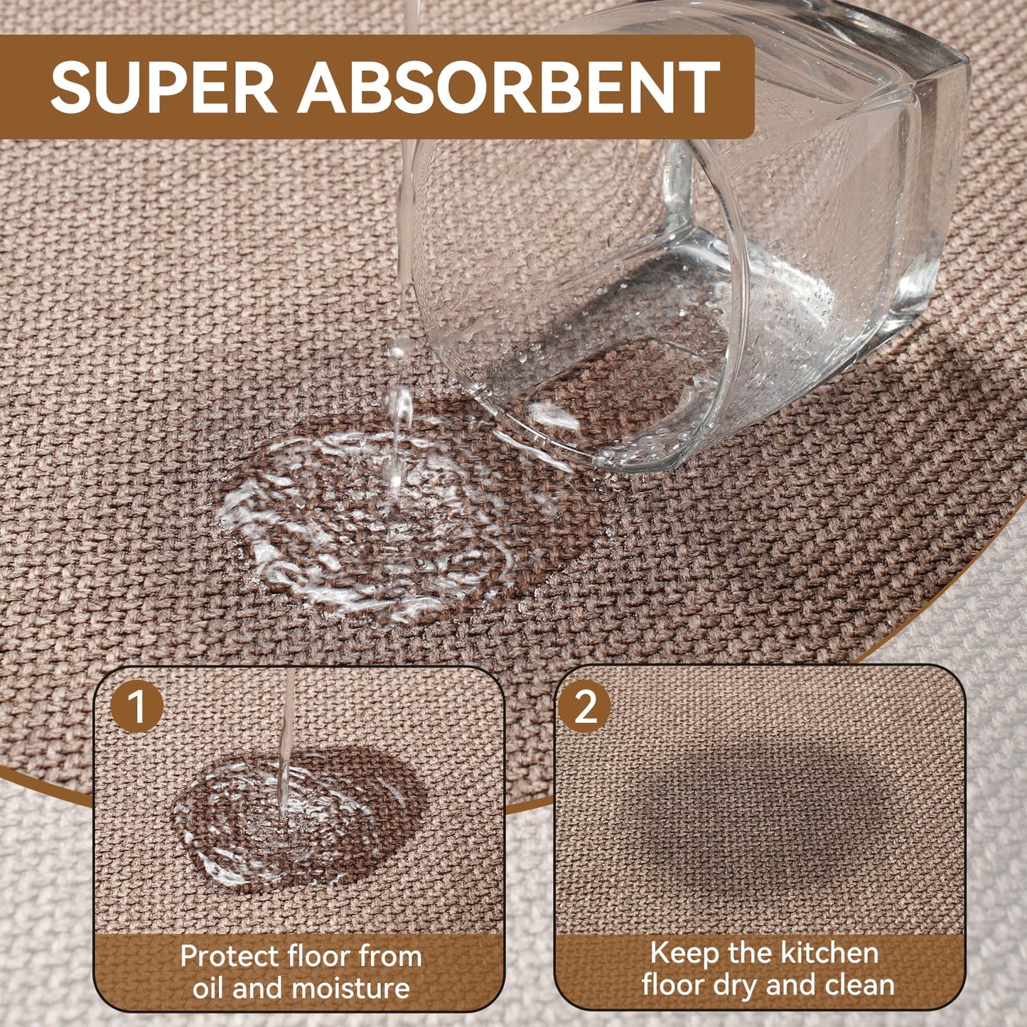 YDKGL Kitchen Mat Kitchen Rugs Sets of 2 PCS Non Slip Washable, Linen-Like 0.3" Thick Cushioned Absorbent Kitchen Mats for Floor, Mild Anti-Fatigue Sink Laundry Standing Mat, Brown 17"x30"+17"x59"