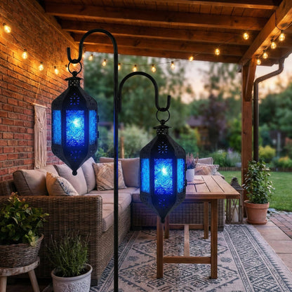 Vela Lanterns Hanging Moroccan Lamp - Exotic Decorative Patio & Porch Decor, Indoor Outdoor Tea Light Candle Lantern Holder with Chain (11" Medium, Blue Glass, 3-Pack)
