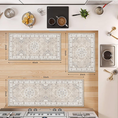 Skiennix Kitchen Rug Set - Washable Water-Resistant Soft Mats with Non-Slip Backing | Beige, 4-Piece Collection