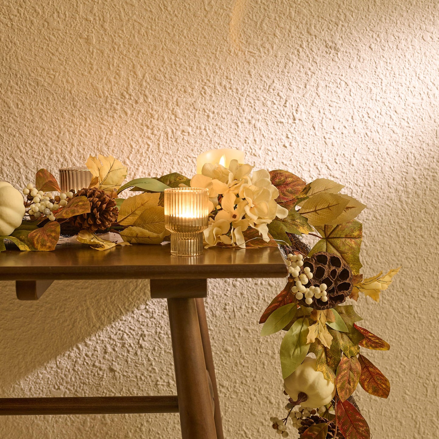 DecorbyHannah Thanksgiving Garland with Lights, 6 ft Artificial Fall Autumn Harvest Garland for Mantel, Fall Decor with Pumpkin Pinecone Lotus Maple Leaves for Front Door Table Fireplace Wall Outdoor