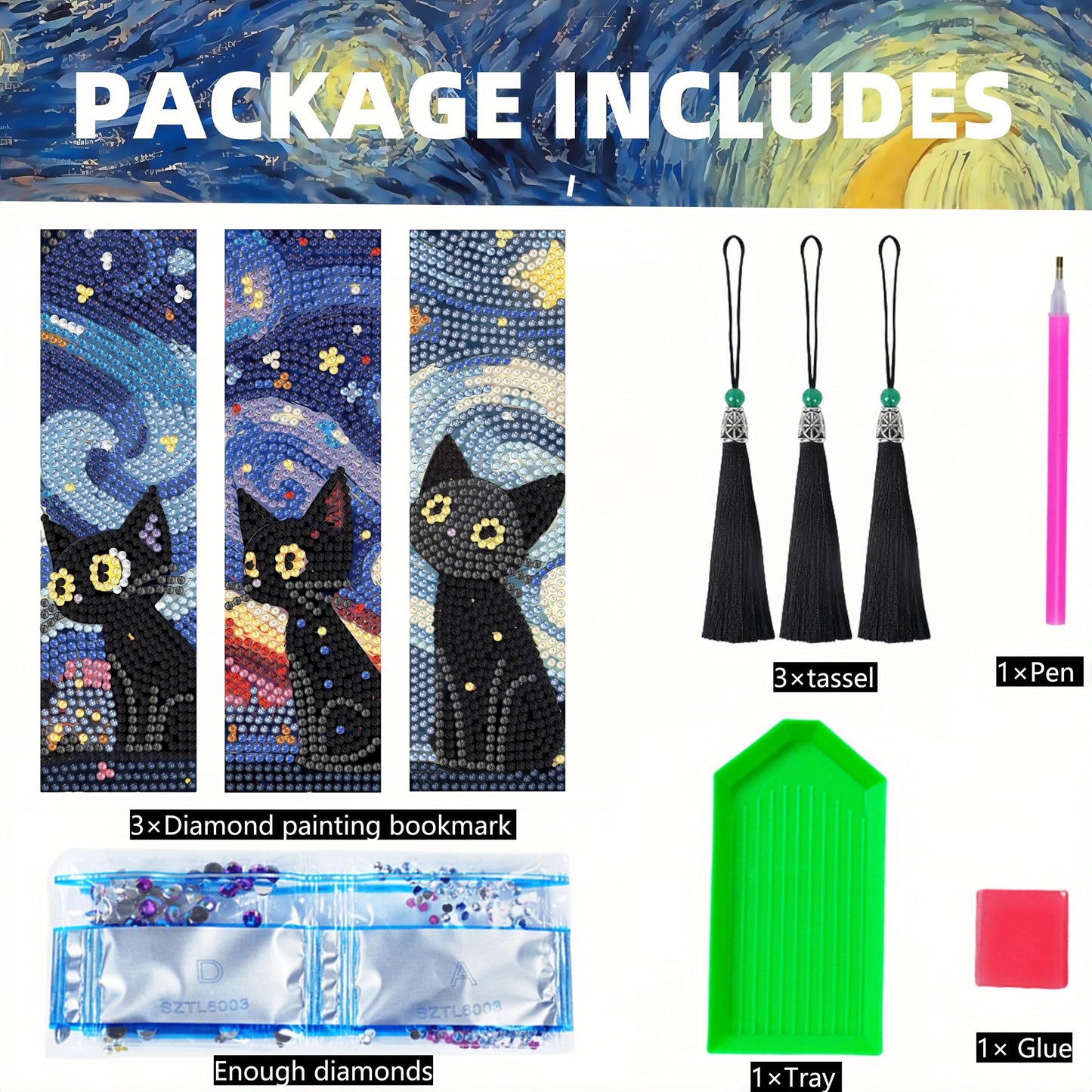 3 Pcs Diamond Painting Bookmarks,Cat Diamond Art Bookmarks with Tassel, Diamond Art Painting Kits for Beginners Adults DIY Art Craft Gifts Book Decors