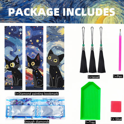 3 Pcs Diamond Painting Bookmarks,Cat Diamond Art Bookmarks with Tassel, Diamond Art Painting Kits for Beginners Adults DIY Art Craft Gifts Book Decors