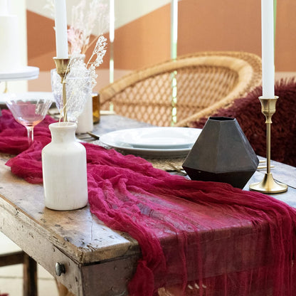 LS Designs Rustic Gauze Cheesecloth Table Runner - 36 x 180 inches (Carmine Red), Open Edge, Non-seared for Weddings
