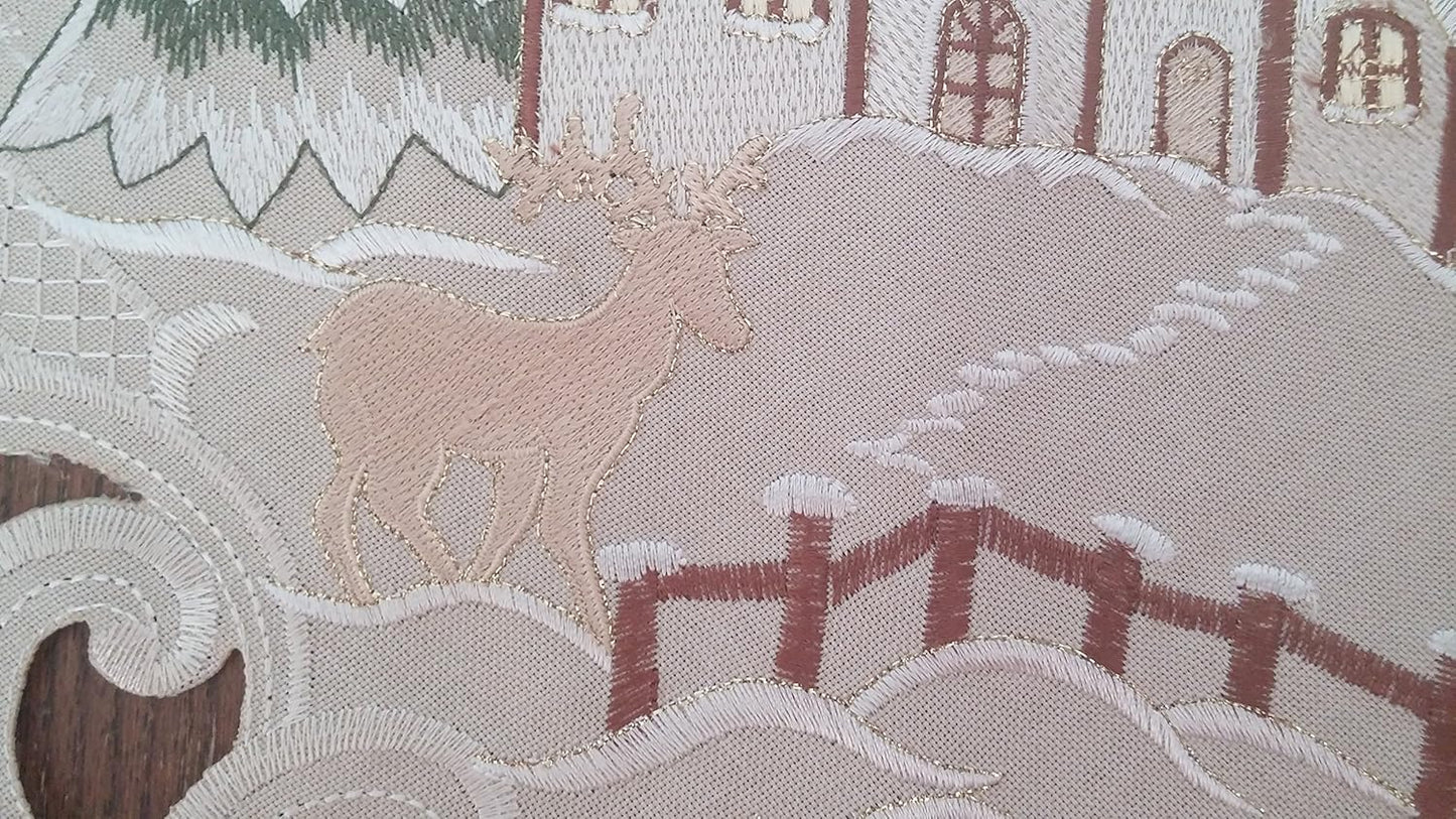 Christmas Table Runner with Reindeer and Cabin, Tan Burlap Style Material, Size 34 x 15 inches