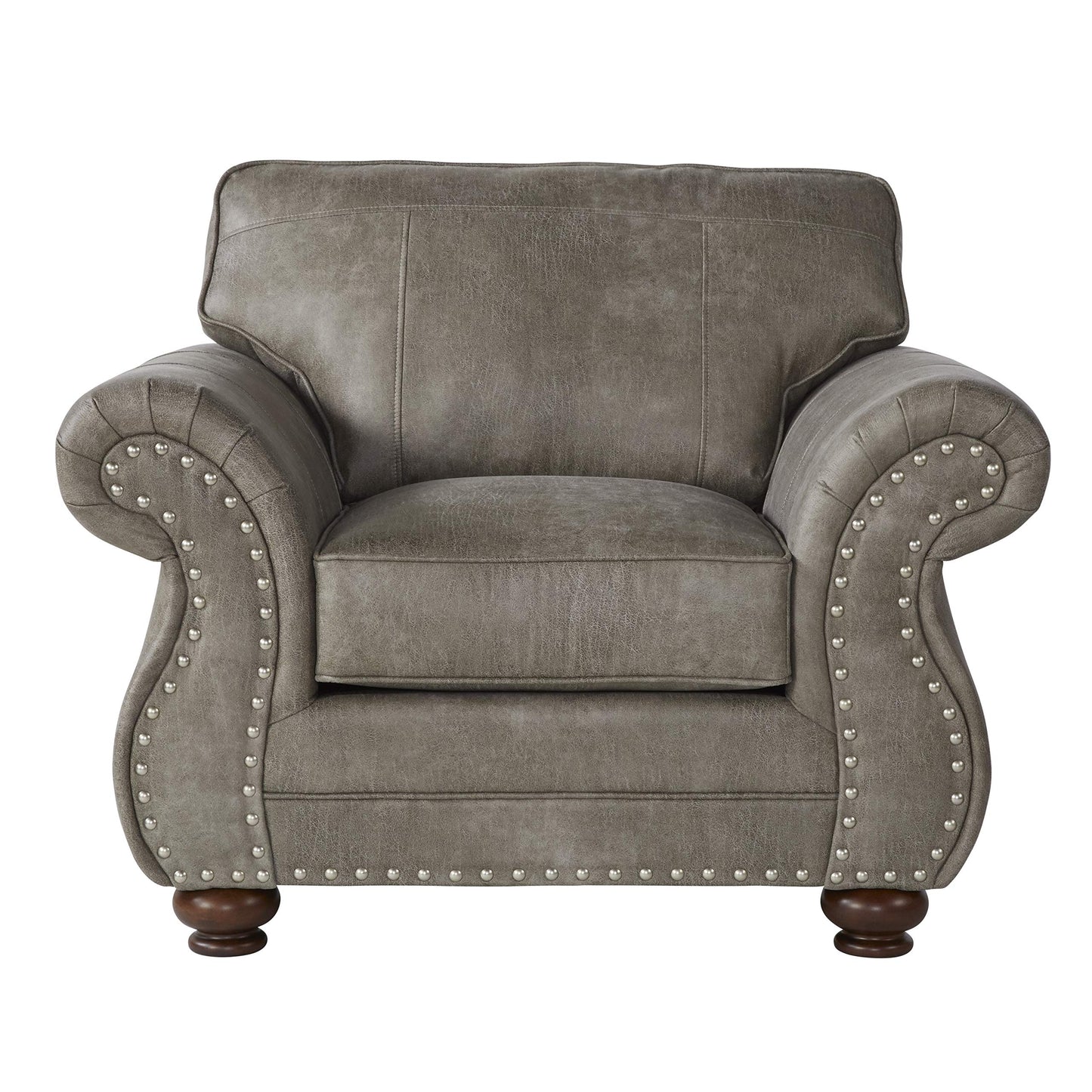 Roundhill Furniture Leinster Faux Leather Upholstered Nailhead Chair and Ottoman, Gray
