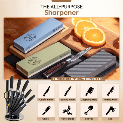 Mt Diablo Knife Sharpener Stone Kit for Chefs & Woodworkers: Dual-Grit Whetstones 400/1000 & 3000/8000, Premium White Corundum, Knife Sharpening Kit with Bamboo Base & Angle Guide, Flattening Stone