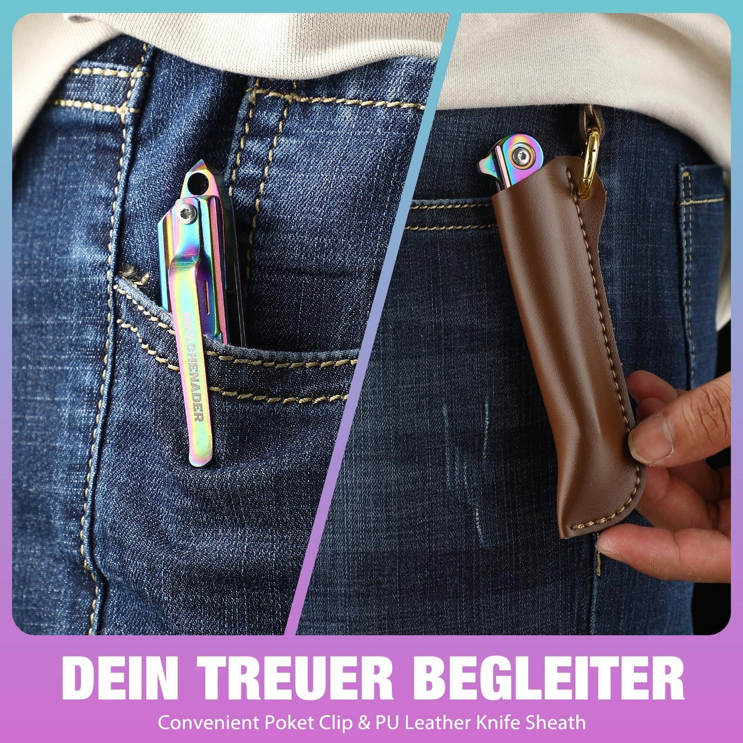 DRACHENADER Tanto Folding Knife for Women and Men, Rainbow Pocket Knife Color Slim Gentleman's Tanto Balde Small EDC Knife for Keychain