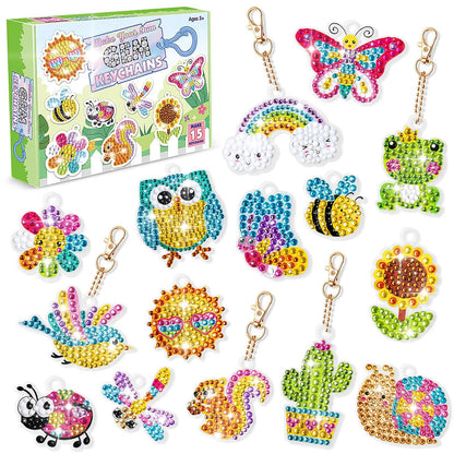 FFNIU Diamond Art for Kids, 15 Pack Diamond Art Painting Keychains, DIY Gem 5D Painting Arts and Crafts for Boys Girls Ages 6-8-12 (Garden Animals)