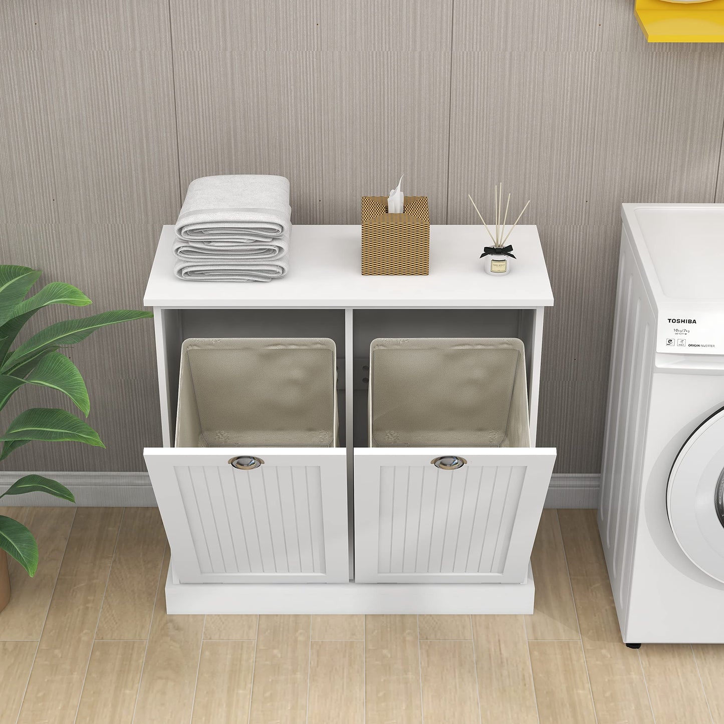 Gecheer Two-Compartment Tilt-Out Laundry Sorter Cabinet - Organized and Easy to Clean Storage Cabinet Organizer, Storage Unit Shelves, for Bathroom Living Room Dining Kitchen YJXW112049950