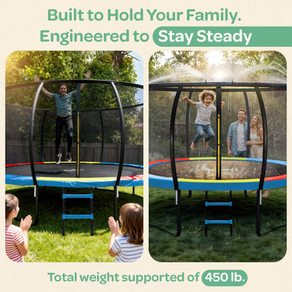 JoyBerri Trampoline Outdoor - Upsurge ASTM Certified Safe 8Ft 10Ft 12Ft 14Ft 15Ft 16Ft Recreational Trampoline for Kids and Adults. Anti-Rust Coating with Enclosure Net, Ladder, Sprinkler & LED Lights