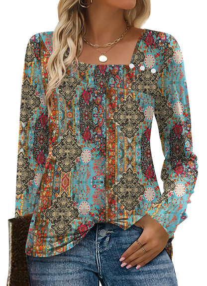 OFEEFAN Long Sleeve Shirts for Women Fall Clothes Asymmetric Square Neck Tunic Tops Decorative Buttons