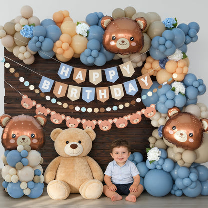 Ereniko Bear Birthday Balloon Arch Kit for Baby Boy Blue Khaki and Brown Balloons Decorations Set Happy Birthday Banner Bear Theme Decor