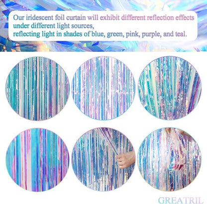 GREATRIL Iridescent Party Streamers Backdrop - Neon Holographic Tinsel Foil Curtain | 3.2ft x 6.5ft, 2 PCS