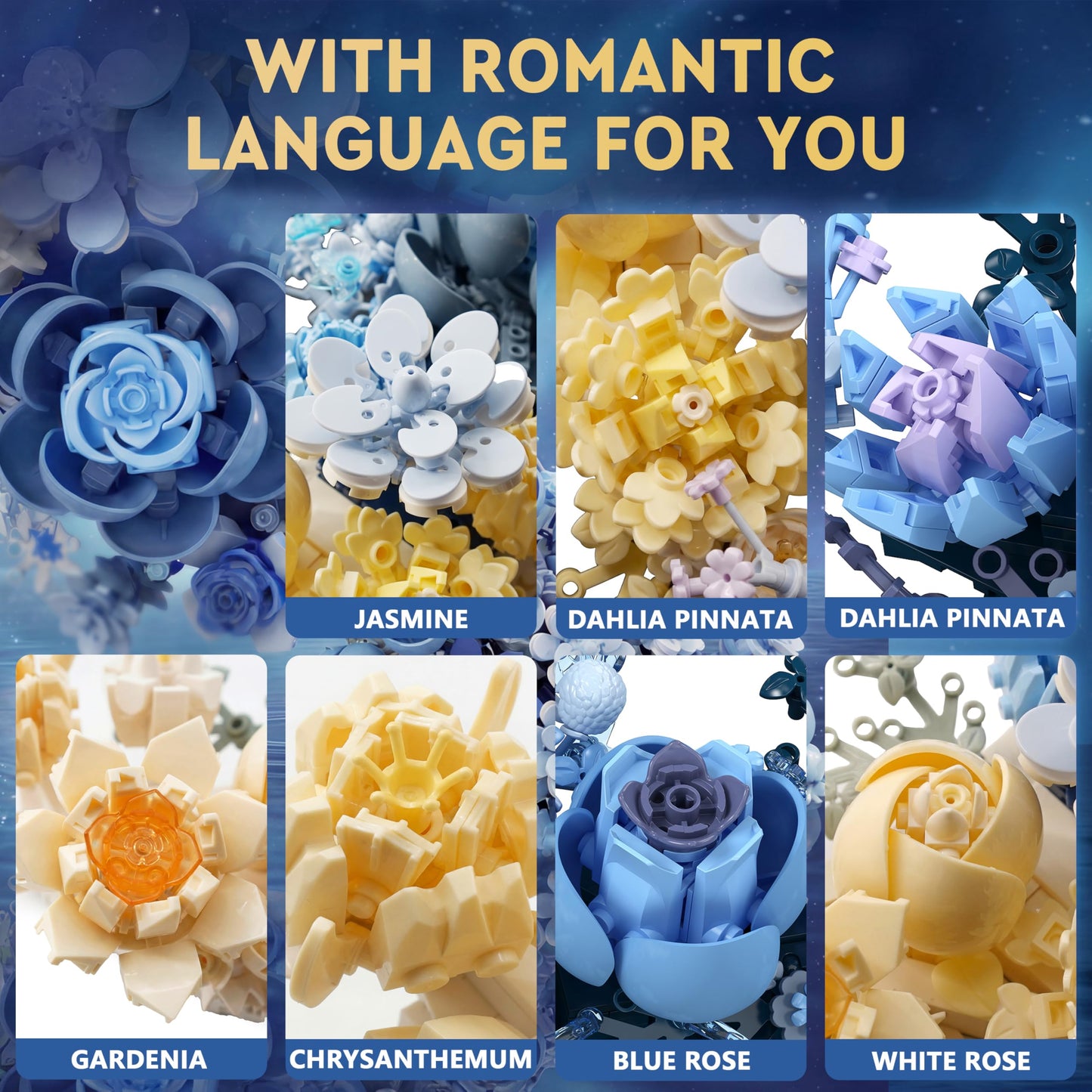 Loyratche Blue Moon Flower Building Set, Botanical Collection Artificial Flowers Building Blocks Kit Compatible with Lego for Adults Home Décor Wall Art Decoration