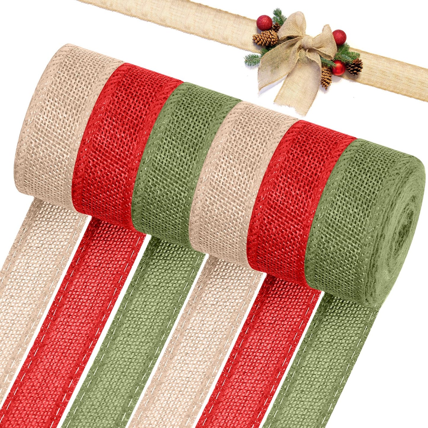 WILLBOND 6 Rolls 33 Yards Christmas Burlap Ribbon Fabric Wired Edge Green Red Natural Wrapping Ribbon Xmas Craft Farmhouse Decorative for Wreath DIY Xmas Tree Holiday Decor, 1 and 2 Inch(1'')