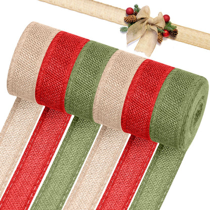 WILLBOND 6 Rolls 33 Yards Christmas Burlap Ribbon Fabric Wired Edge Green Red Natural Wrapping Ribbon Xmas Craft Farmhouse Decorative for Wreath DIY Xmas Tree Holiday Decor, 1 and 2 Inch(1'')